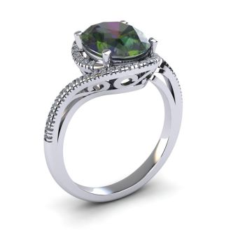 1 Carat Oval Shape Mystic Topaz Ring With Swirling Diamond Halo In 14 Karat White Gold