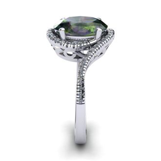 1 Carat Oval Shape Mystic Topaz Ring With Swirling Diamond Halo In 14 Karat White Gold