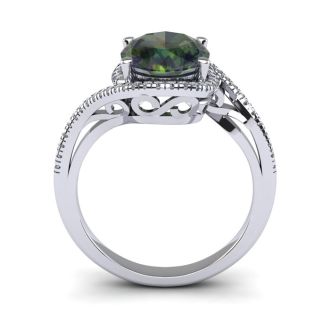 1 Carat Oval Shape Mystic Topaz Ring With Swirling Diamond Halo In 14 Karat White Gold