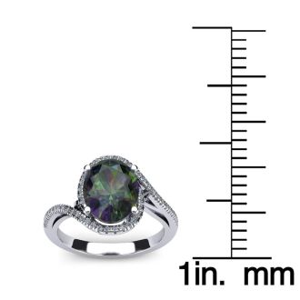 1 Carat Oval Shape Mystic Topaz Ring With Swirling Diamond Halo In 14 Karat White Gold