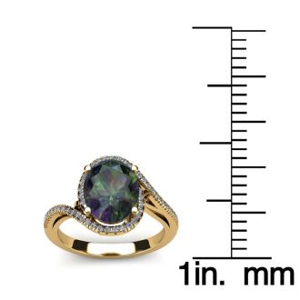 1 Carat Oval Shape Mystic Topaz Ring With Swirling Diamond Halo In 14 Karat Yellow Gold
