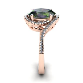 1 Carat Oval Shape Mystic Topaz Ring With Swirling Diamond Halo In 14 Karat Rose Gold