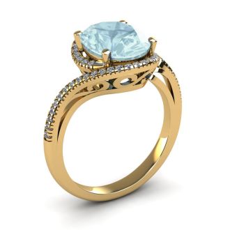 Aquamarine Ring: Aquamarine Jewelry: 1 Carat Oval Shape Aquamarine and Halo Diamond Ring In 14 Karat Yellow Gold