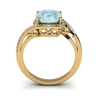 Aquamarine Ring: Aquamarine Jewelry: 1 Carat Oval Shape Aquamarine and Halo Diamond Ring In 14 Karat Yellow Gold