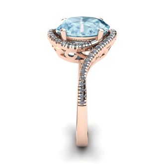 Aquamarine Ring: Aquamarine Jewelry: 1 Carat Oval Shape Aquamarine and Halo Diamond Ring In 14 Karat Rose Gold