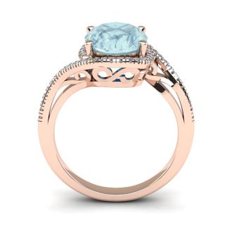 Aquamarine Ring: Aquamarine Jewelry: 1 Carat Oval Shape Aquamarine and Halo Diamond Ring In 14 Karat Rose Gold