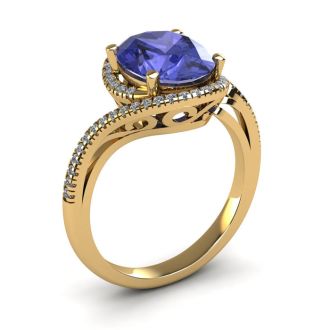 1 1/4 Carat Oval Shape Tanzanite and Halo Diamond Ring In 14 Karat Yellow Gold