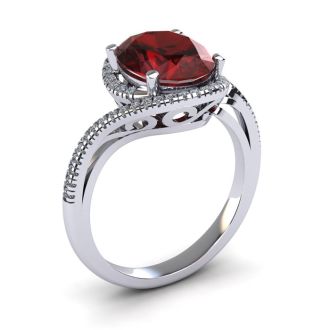 Garnet Ring: Garnet Jewelry: 1 1/4 Carat Oval Shape Garnet and Halo Diamond Ring In 14 Karat White Gold