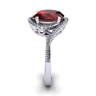 Garnet Ring: Garnet Jewelry: 1 1/4 Carat Oval Shape Garnet and Halo Diamond Ring In 14 Karat White Gold