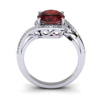 Garnet Ring: Garnet Jewelry: 1 1/4 Carat Oval Shape Garnet and Halo Diamond Ring In 14 Karat White Gold