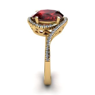 Garnet Ring: Garnet Jewelry: 1 1/4 Carat Oval Shape Garnet and Halo Diamond Ring In 14 Karat Yellow Gold