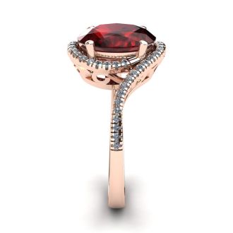 Garnet Ring: Garnet Jewelry: 1 1/4 Carat Oval Shape Garnet and Halo Diamond Ring In 14 Karat Rose Gold