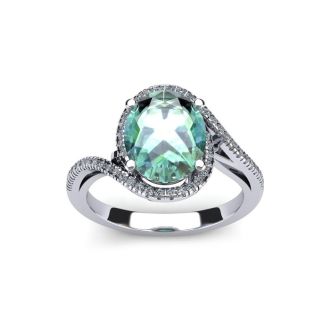 1 Carat Oval Shape Green Amethyst and Halo Diamond Ring In 14 Karat White Gold