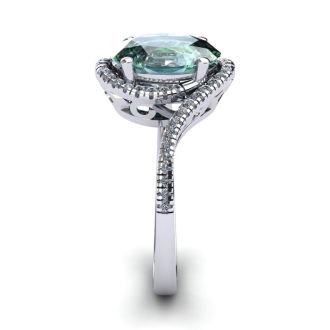 1 Carat Oval Shape Green Amethyst and Halo Diamond Ring In 14 Karat White Gold