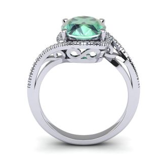 1 Carat Oval Shape Green Amethyst and Halo Diamond Ring In 14 Karat White Gold