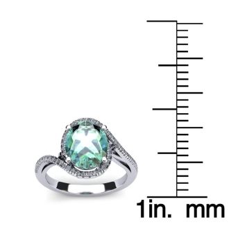 1 Carat Oval Shape Green Amethyst and Halo Diamond Ring In 14 Karat White Gold