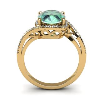 1 Carat Oval Shape Green Amethyst and Halo Diamond Ring In 14 Karat Yellow Gold