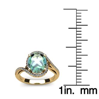 1 Carat Oval Shape Green Amethyst and Halo Diamond Ring In 14 Karat Yellow Gold