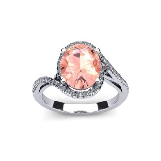 1 Carat Oval Shape Morganite and Halo Diamond Ring In 14 Karat White Gold