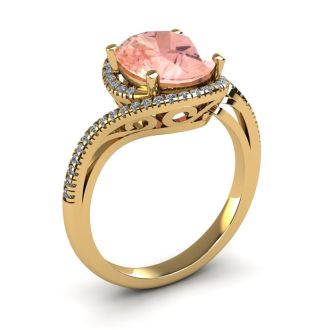 1 Carat Oval Shape Morganite and Halo Diamond Ring In 14 Karat Yellow Gold