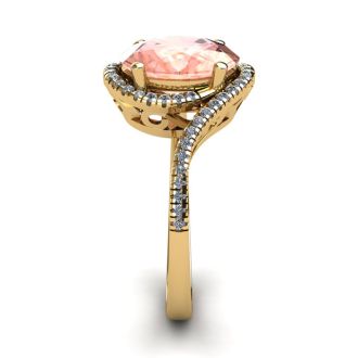 1 Carat Oval Shape Morganite and Halo Diamond Ring In 14 Karat Yellow Gold
