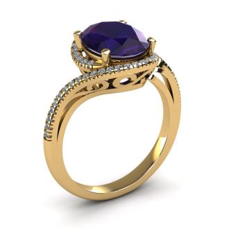 1 1/3 Carat Oval Shape Amethyst and Halo Diamond Ring In 14 Karat Yellow Gold
