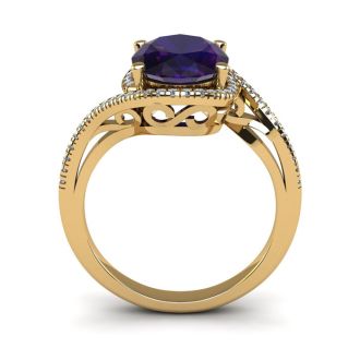 1 1/3 Carat Oval Shape Amethyst and Halo Diamond Ring In 14 Karat Yellow Gold