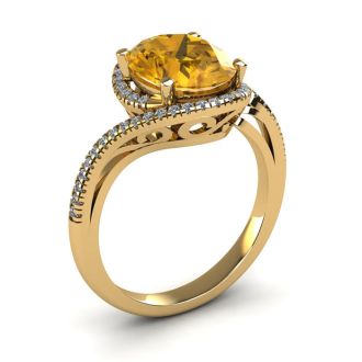 1 1/3 Carat Oval Shape Citrine and Halo Diamond Ring In 14 Karat Yellow Gold