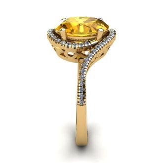 1 1/3 Carat Oval Shape Citrine and Halo Diamond Ring In 14 Karat Yellow Gold