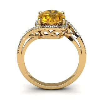 1 1/3 Carat Oval Shape Citrine and Halo Diamond Ring In 14 Karat Yellow Gold