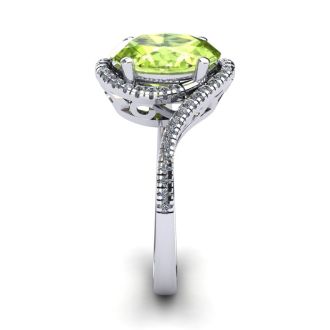 1 1/2 Carat Oval Shape Peridot and Halo Diamond Ring In 14 Karat White Gold
