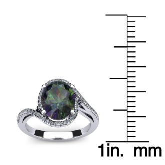 1-1/3 Carat Oval Shape Mystic Topaz Ring With Swirling Diamond Halo In 14 Karat White Gold