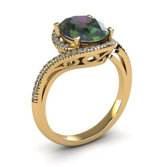 1-1/3 Carat Oval Shape Mystic Topaz Ring With Swirling Diamond Halo In 14 Karat Yellow Gold