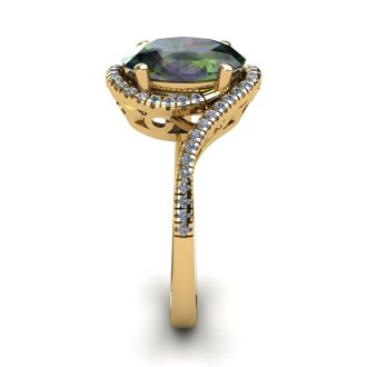 1-1/3 Carat Oval Shape Mystic Topaz Ring With Swirling Diamond Halo In 14 Karat Yellow Gold