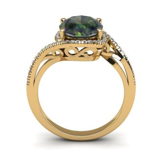 1-1/3 Carat Oval Shape Mystic Topaz Ring With Swirling Diamond Halo In 14 Karat Yellow Gold
