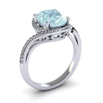 Aquamarine Ring: Aquamarine Jewelry: 1 1/3 Carat Oval Shape Aquamarine and Halo Diamond Ring In 14 Karat White Gold