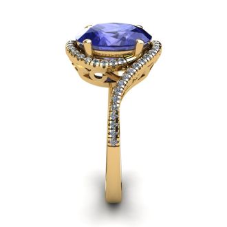 1 1/2 Carat Oval Shape Tanzanite and Halo Diamond Ring In 14 Karat Yellow Gold