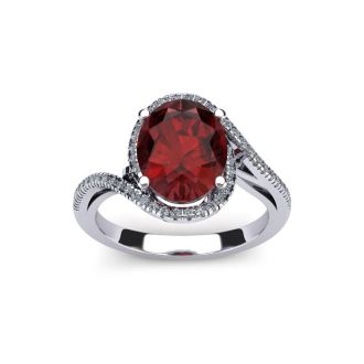 Garnet Ring: Garnet Jewelry: 1 3/4 Carat Oval Shape Garnet and Halo Diamond Ring In 14 Karat White Gold