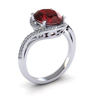 Garnet Ring: Garnet Jewelry: 1 3/4 Carat Oval Shape Garnet and Halo Diamond Ring In 14 Karat White Gold