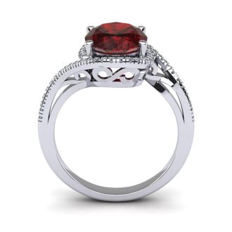 Garnet Ring: Garnet Jewelry: 1 3/4 Carat Oval Shape Garnet and Halo Diamond Ring In 14 Karat White Gold