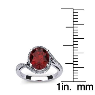 Garnet Ring: Garnet Jewelry: 1 3/4 Carat Oval Shape Garnet and Halo Diamond Ring In 14 Karat White Gold