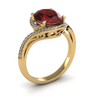 Garnet Ring: Garnet Jewelry: 1 3/4 Carat Oval Shape Garnet and Halo Diamond Ring In 14 Karat Yellow Gold