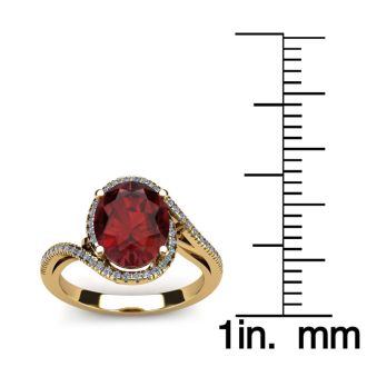 Garnet Ring: Garnet Jewelry: 1 3/4 Carat Oval Shape Garnet and Halo Diamond Ring In 14 Karat Yellow Gold