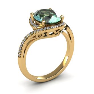 1 1/3 Carat Oval Shape Green Amethyst and Halo Diamond Ring In 14 Karat Yellow Gold