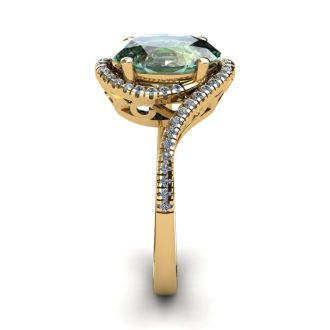 1 1/3 Carat Oval Shape Green Amethyst and Halo Diamond Ring In 14 Karat Yellow Gold