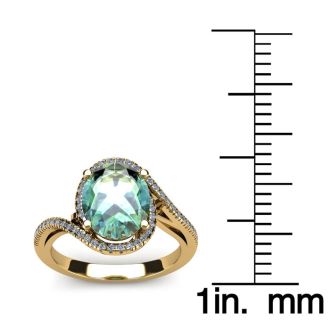 1 1/3 Carat Oval Shape Green Amethyst and Halo Diamond Ring In 14 Karat Yellow Gold