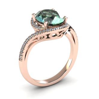 1 1/3 Carat Oval Shape Green Amethyst and Halo Diamond Ring In 14 Karat Rose Gold