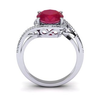 1 3/4 Carat Oval Shape Ruby and Halo Diamond Ring In 14 Karat White Gold