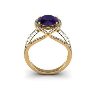 1 1/2 Carat Oval Shape Amethyst and Halo Diamond Ring In 14 Karat Yellow Gold