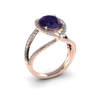 1 1/2 Carat Oval Shape Amethyst and Halo Diamond Ring In 14 Karat Rose Gold